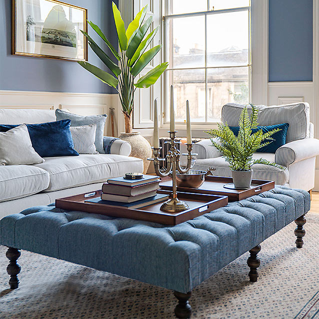 Cooksbridge 3 Seater Sofa in Plain Koki Alabaster Cooksbridge Chair in Ticking Mist Porthallow Footstool in Plain Dundee Herringbone Sky